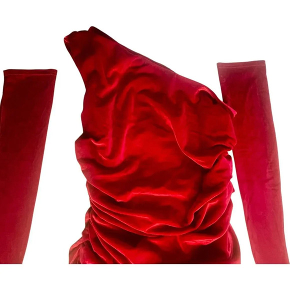 Revolve Miscreants London One Shoulder Midi Red Velvet Dress with Gloves - Picture 3 of 11
